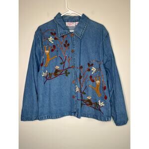 1990s Ronnie Salloway Country Chic Fall Leaves 3D Monkeys Jungle Denim Jacket M